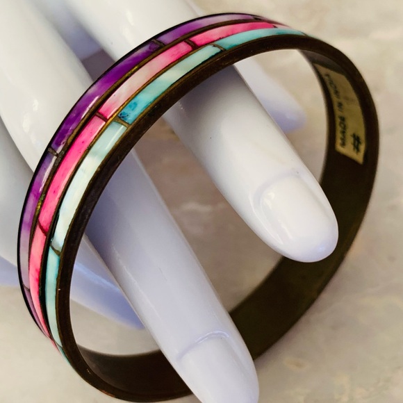 Mother of Pearl Inlay Brass Bangle Bracelet - Picture 2 of 6